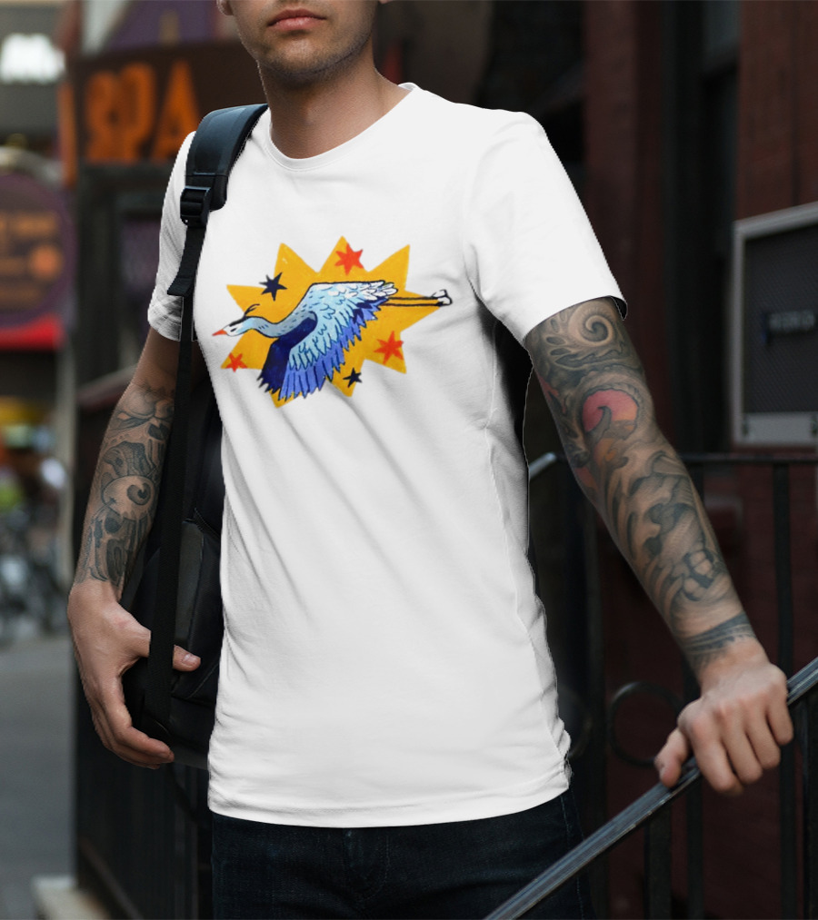 Grey Heron Flying Against Starry Yellow Burst T-Shirt