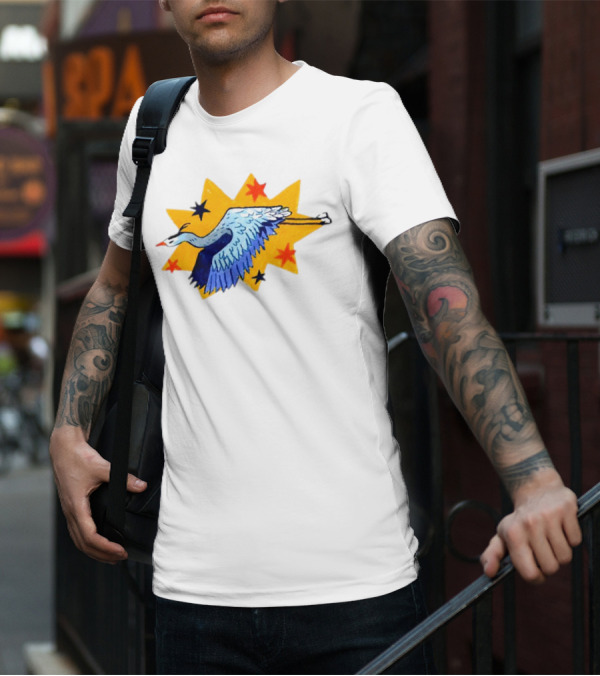 Grey Heron Flying Against Starry Yellow Burst T-Shirt