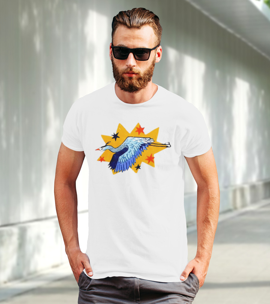 Grey Heron Flying Against Starry Yellow Burst T-Shirt