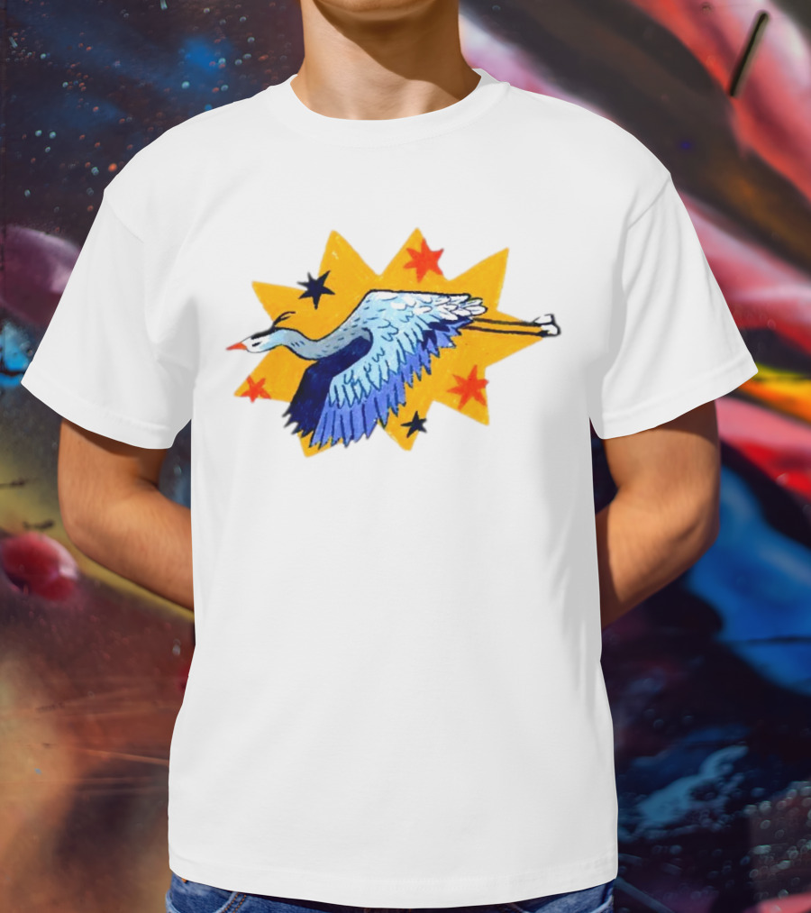 Grey Heron Flying Against Starry Yellow Burst T-Shirt