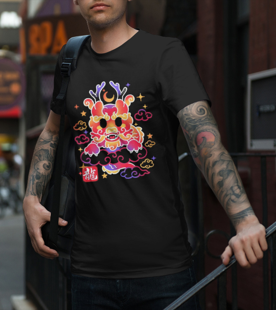 Kawaii Chinese Dragon With Colorful Clouds And Stars Asian Aesthetic T-Shirt