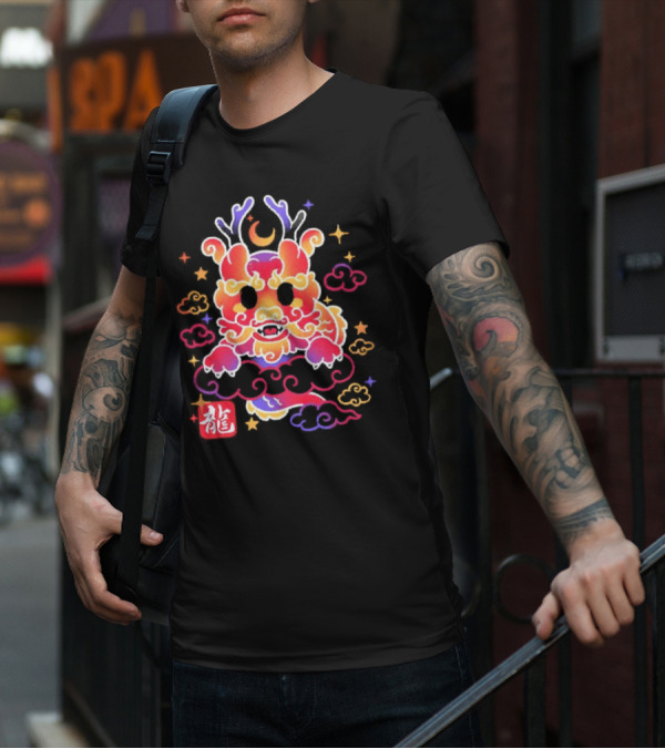 Kawaii Chinese Dragon With Colorful Clouds And Stars Asian Aesthetic T-Shirt