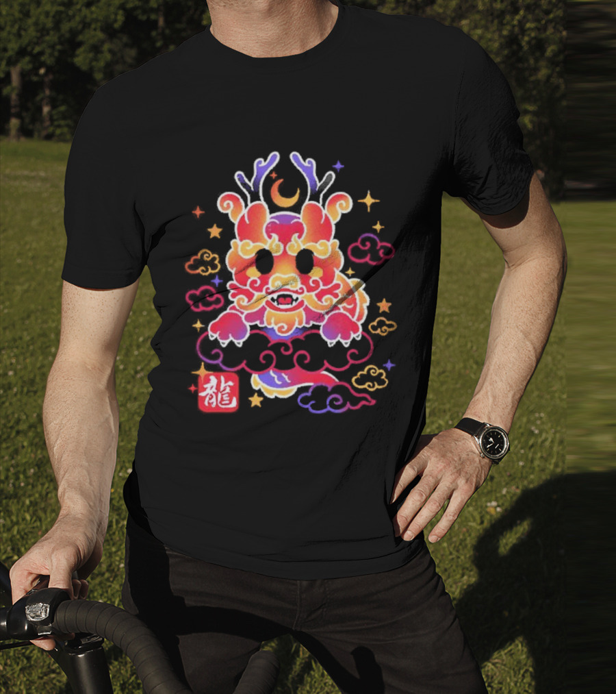 Kawaii Chinese Dragon With Colorful Clouds And Stars Asian Aesthetic T-Shirt