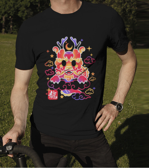 Kawaii Chinese Dragon With Colorful Clouds And Stars Asian Aesthetic T-Shirt