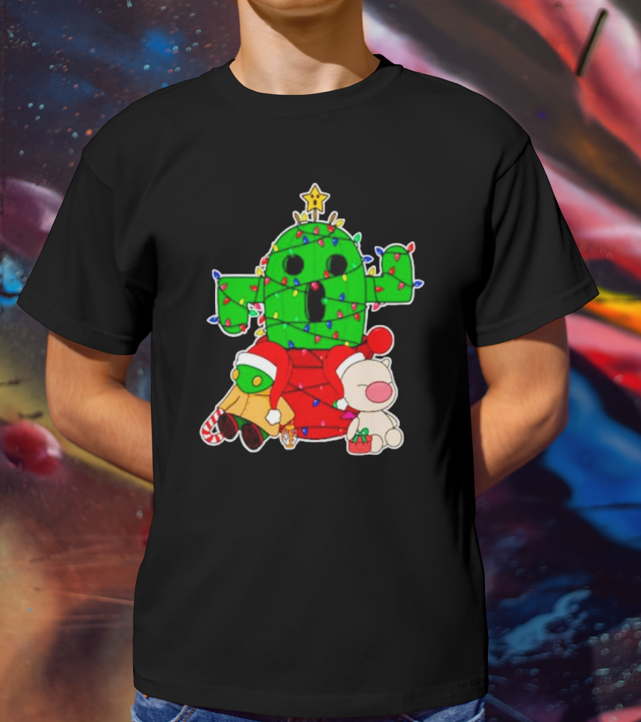 Funny Cactuar Christmas Lights With Moogle And Santa Costumes T-Shirt