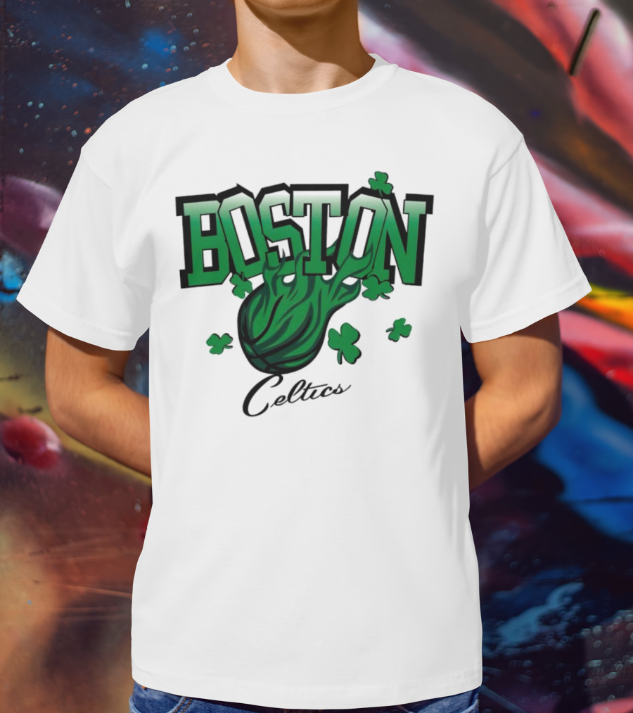 Boston Celtics Vintage Shamrock Basketball Flame T-Shirt
