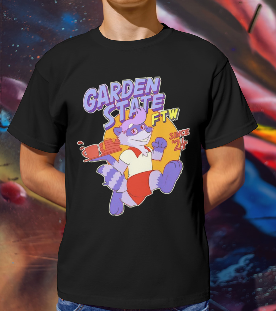 Garden State FTW Since 24 Cartoon Raccoon Serving Pancakes T-Shirt