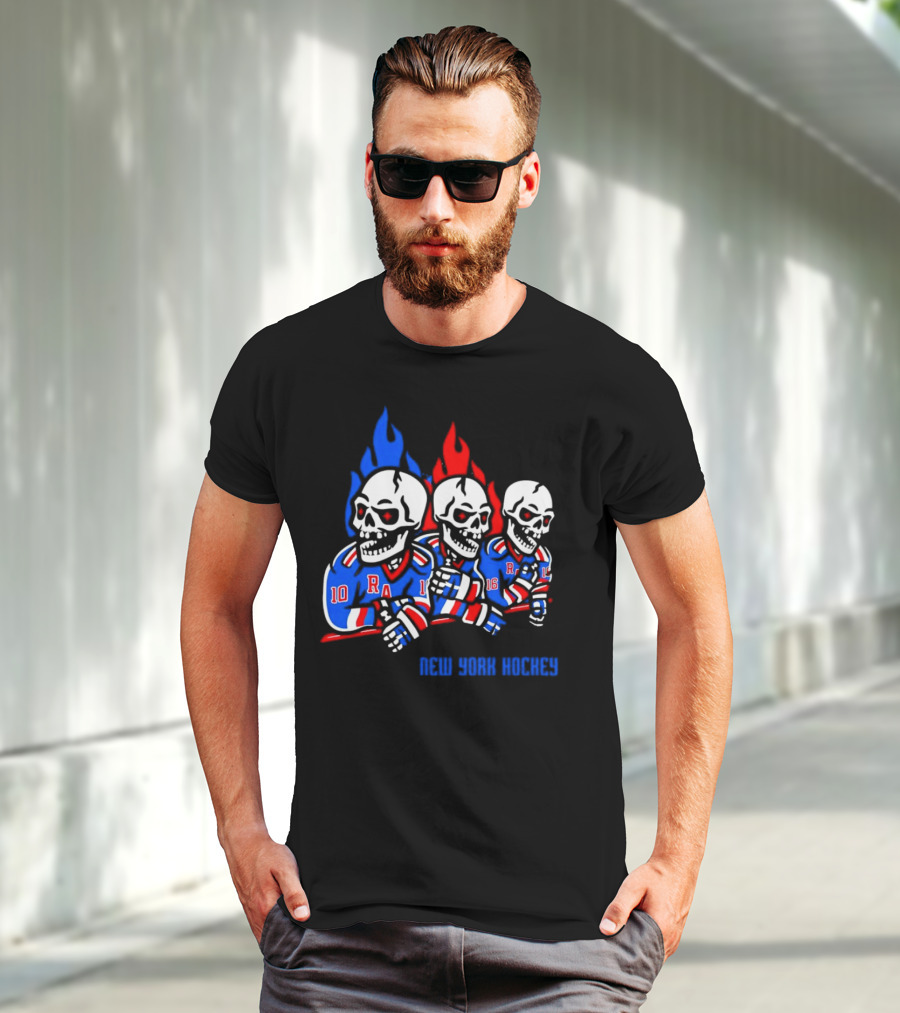 New York Rangers Skeleton Hockey Flames T-Shirt