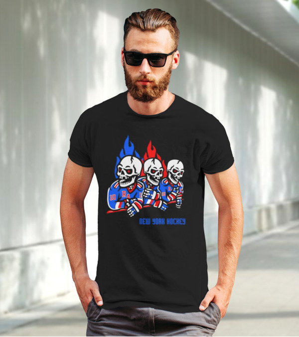 New York Rangers Skeleton Hockey Flames T-Shirt