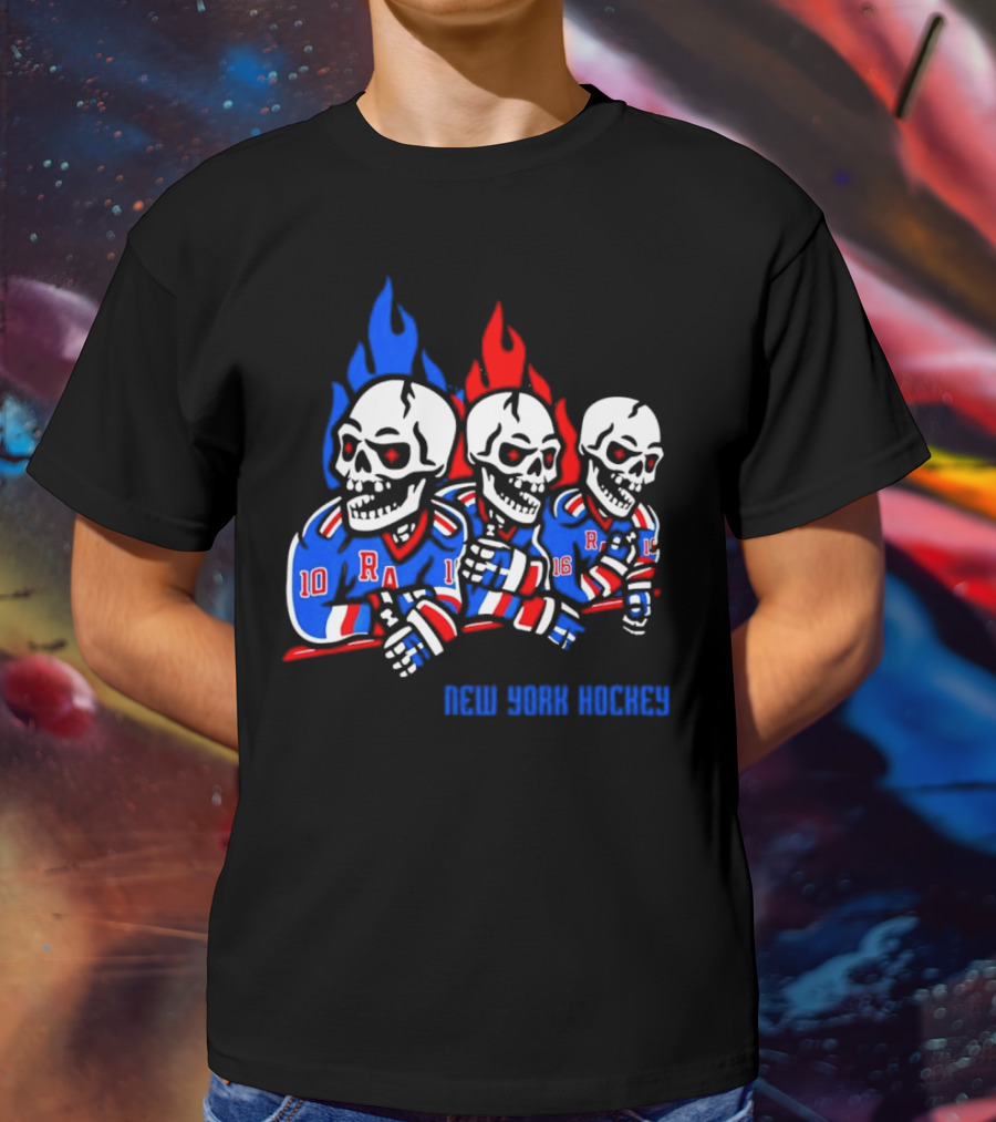 New York Rangers Skeleton Hockey Flames T-Shirt