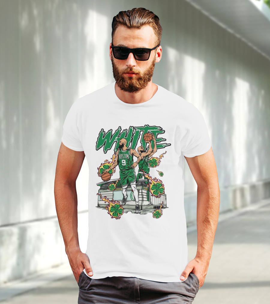 Boston Celtics White 9 Basketball Player With Shamrocks And Basketball Court T-Shirt