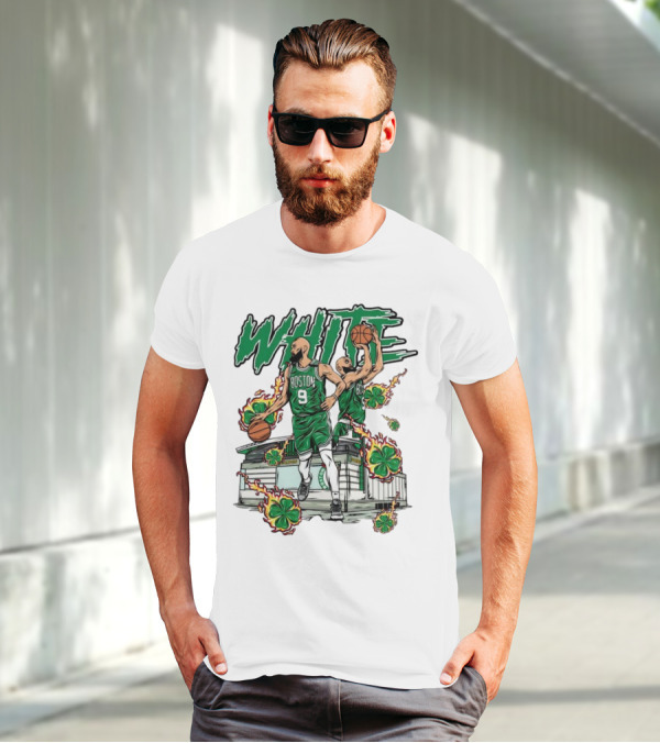 Boston Celtics White 9 Basketball Player With Shamrocks And Basketball Court T-Shirt