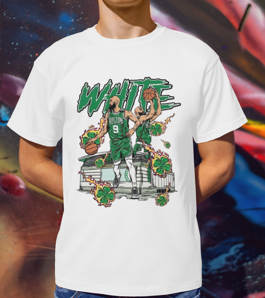 Boston Celtics White 9 Basketball Player With Shamrocks And Basketball Court T-Shirt