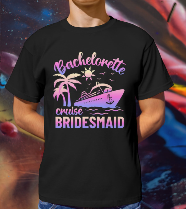 Bachelorette Cruise Bridesmaid Sun Palm Trees Anchor Ocean Waves T-Shirt
