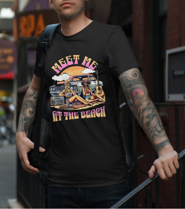 Meet Me At The Beach Sunset Paradise With Classic Car And Guitar T-Shirt