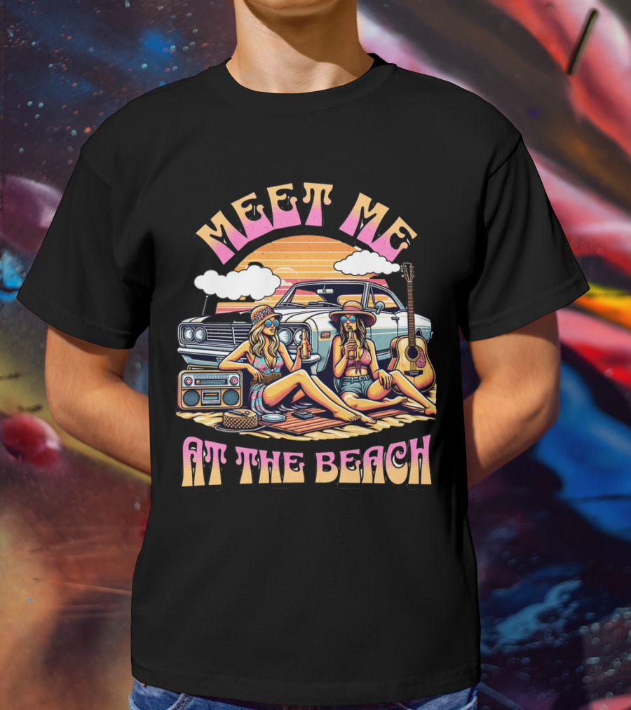 Meet Me At The Beach Sunset Paradise With Classic Car And Guitar T-Shirt