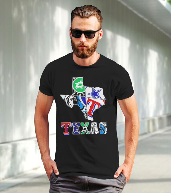 Dallas Hockey Cowboys Rangers Mavericks Texas Map T-Shirt