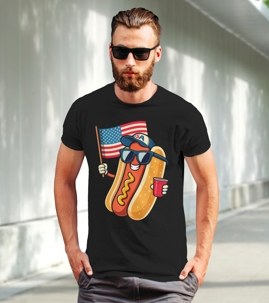 Fourth Of July USA Hotdog With American Flag And Sunglasses T-Shirt