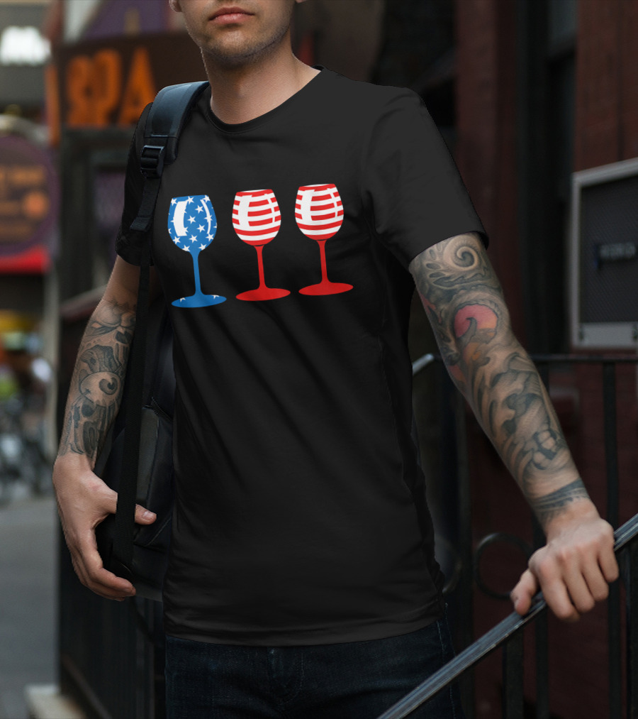 American Flag Fourth Of July Wine Glass Trio Stars And Stripes Patriotic T-Shirt
