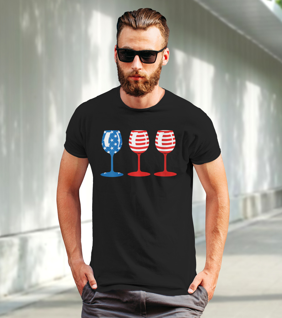 American Flag Fourth Of July Wine Glass Trio Stars And Stripes Patriotic T-Shirt