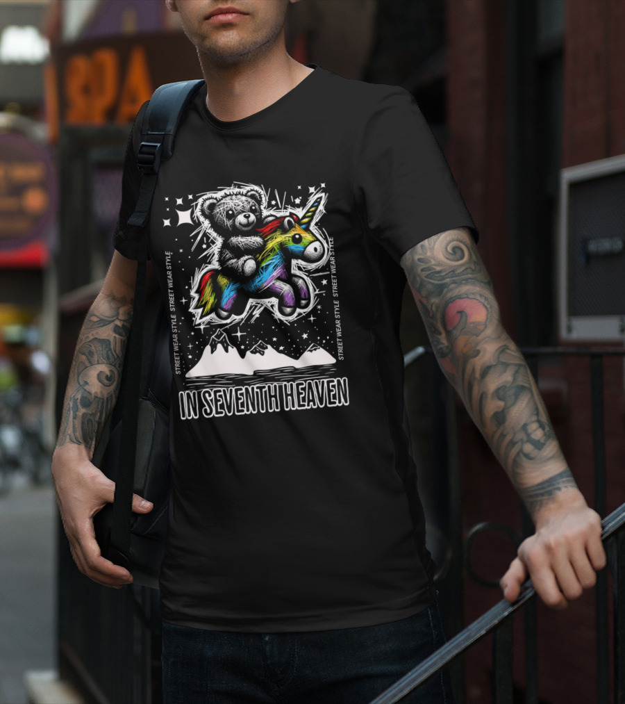 STREET WEAR STYLE Teddy And Rainbow Unicorn Adventure In Seventh Heaven T-Shirt