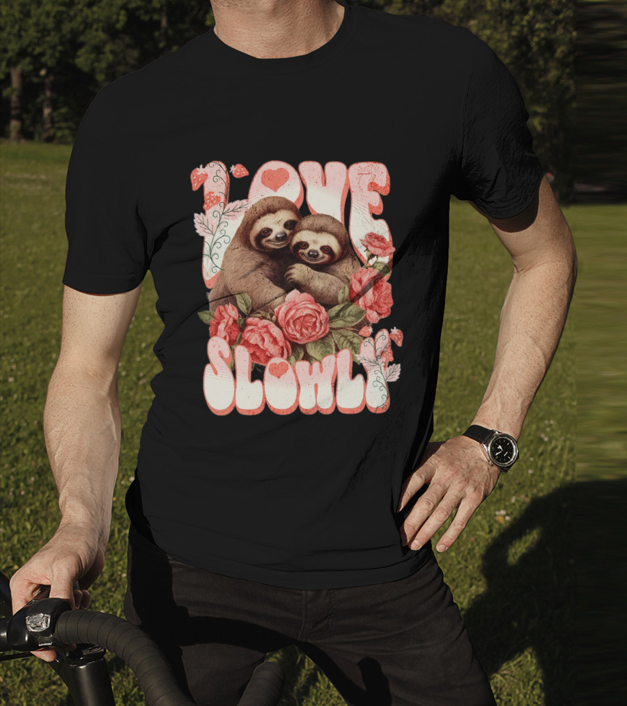 Love Slowly Sloth Couple Romance Valentine Heart Roses T-Shirt