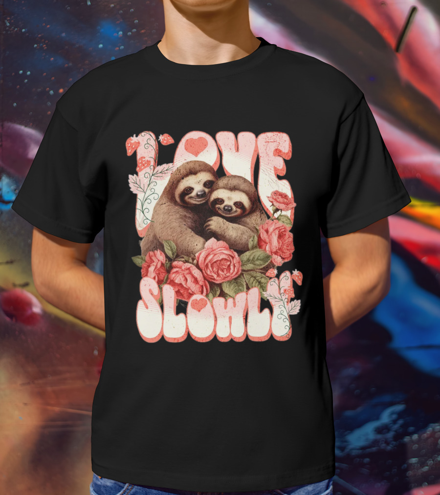 Love Slowly Sloth Couple Romance Valentine Heart Roses T-Shirt