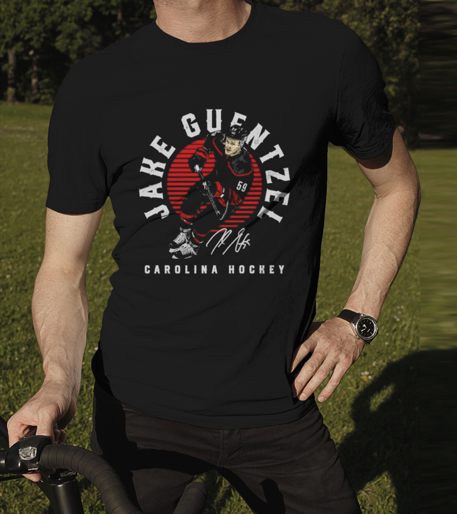 Jake Guentzel Carolina Hockey Number 59 Emblem With Red Circle And Signature T-Shirt