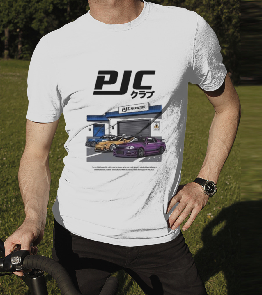 PJC クラブ Perth JDM Central PJC Marketing Garage Cars T-Shirt