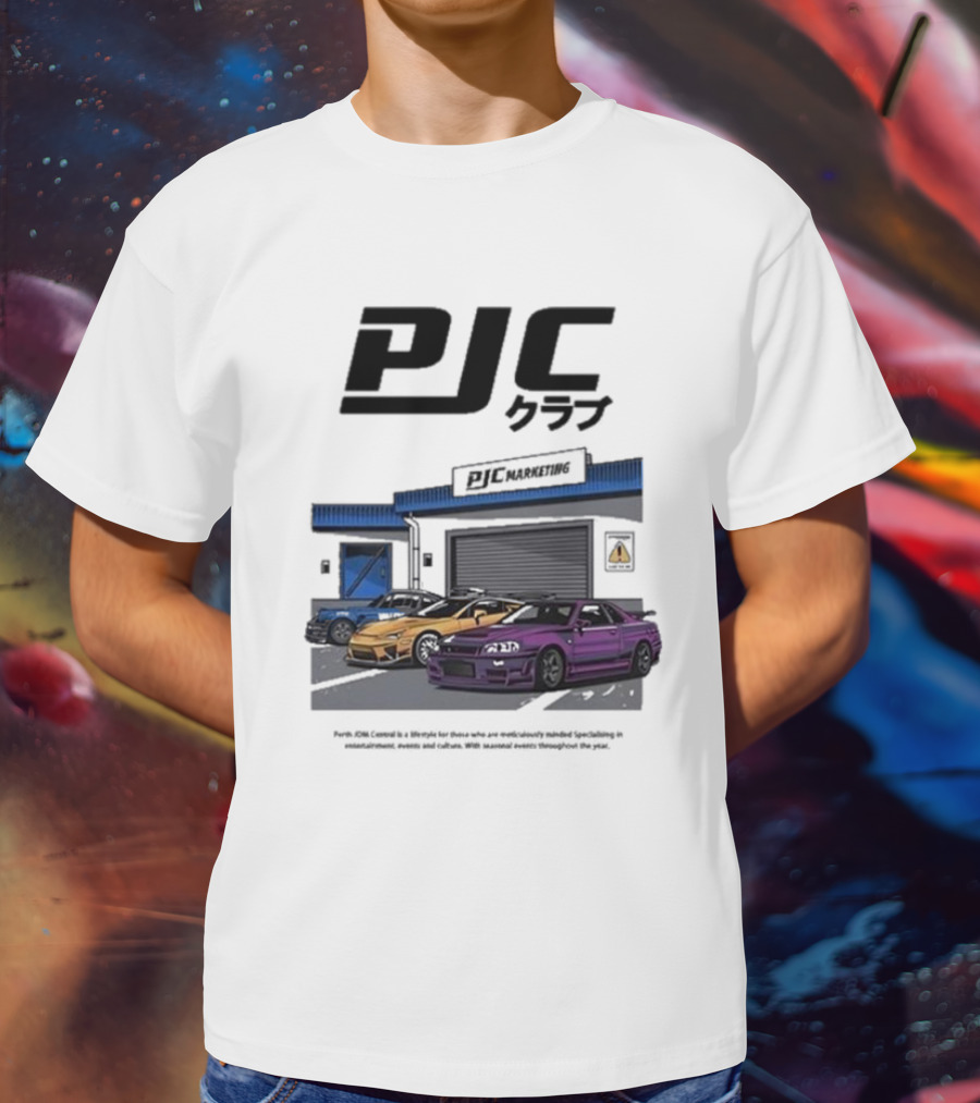 PJC クラブ Perth JDM Central PJC Marketing Garage Cars T-Shirt