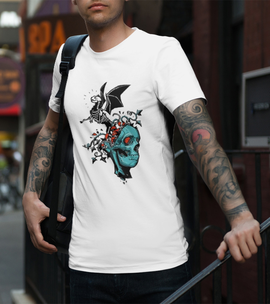Scott Buoncristiano Skeleton Head With Dragon And Red Accents T-Shirt