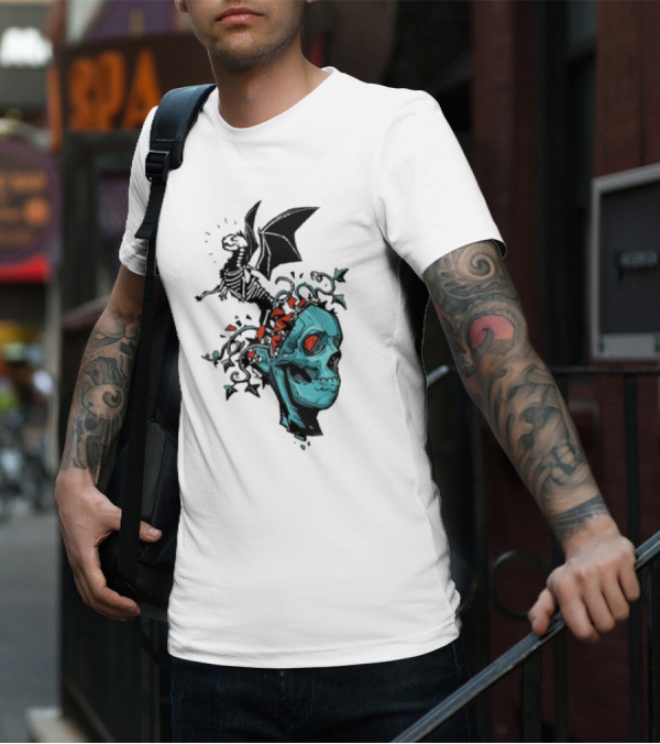 Scott Buoncristiano Skeleton Head With Dragon And Red Accents T-Shirt