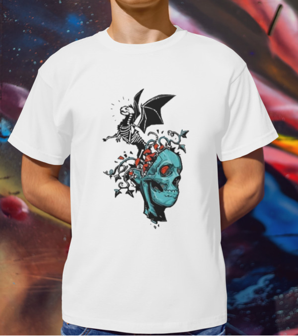 Scott Buoncristiano Skeleton Head With Dragon And Red Accents T-Shirt