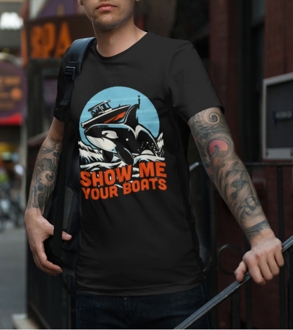 Orca Breaching Waves With Speedboat Show Me Your Boats T-Shirt