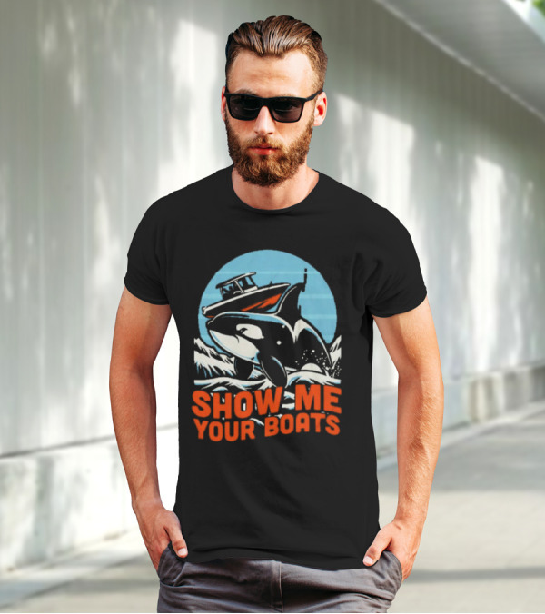 Orca Breaching Waves With Speedboat Show Me Your Boats T-Shirt