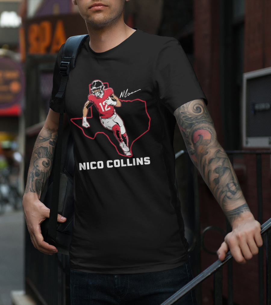 Nico Collins 12 Houston Texans State Outline Signature T-Shirt