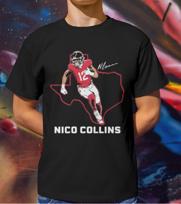 Nico Collins 12 Houston Texans State Outline Signature T-Shirt