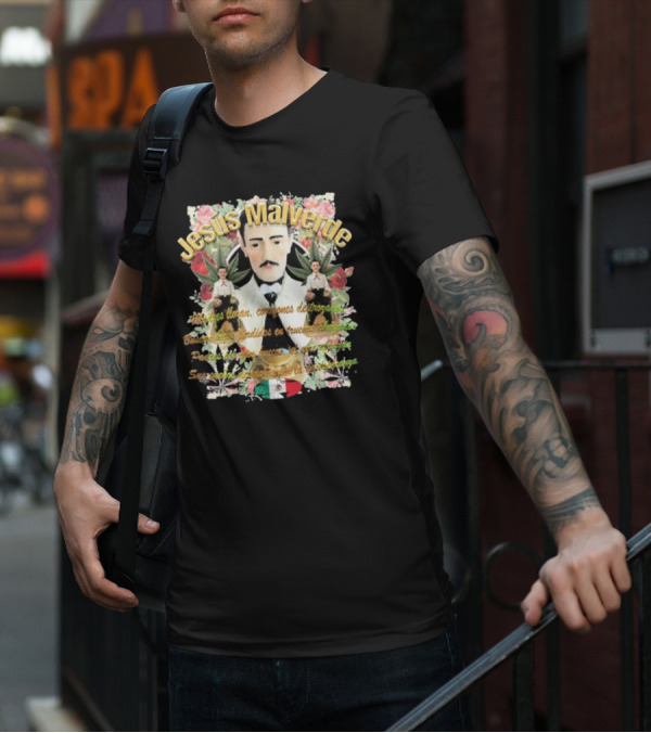 Jesús Malverde Iconic Figure With Flowers And Mexican Flag T-Shirt
