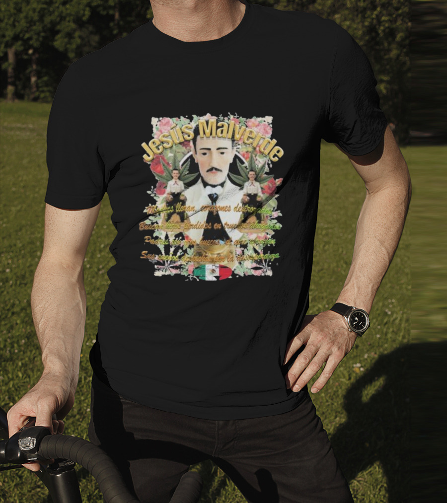 Jesús Malverde Iconic Figure With Flowers And Mexican Flag T-Shirt