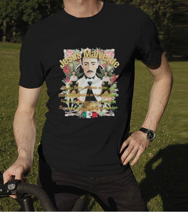 Jesús Malverde Iconic Figure With Flowers And Mexican Flag T-Shirt