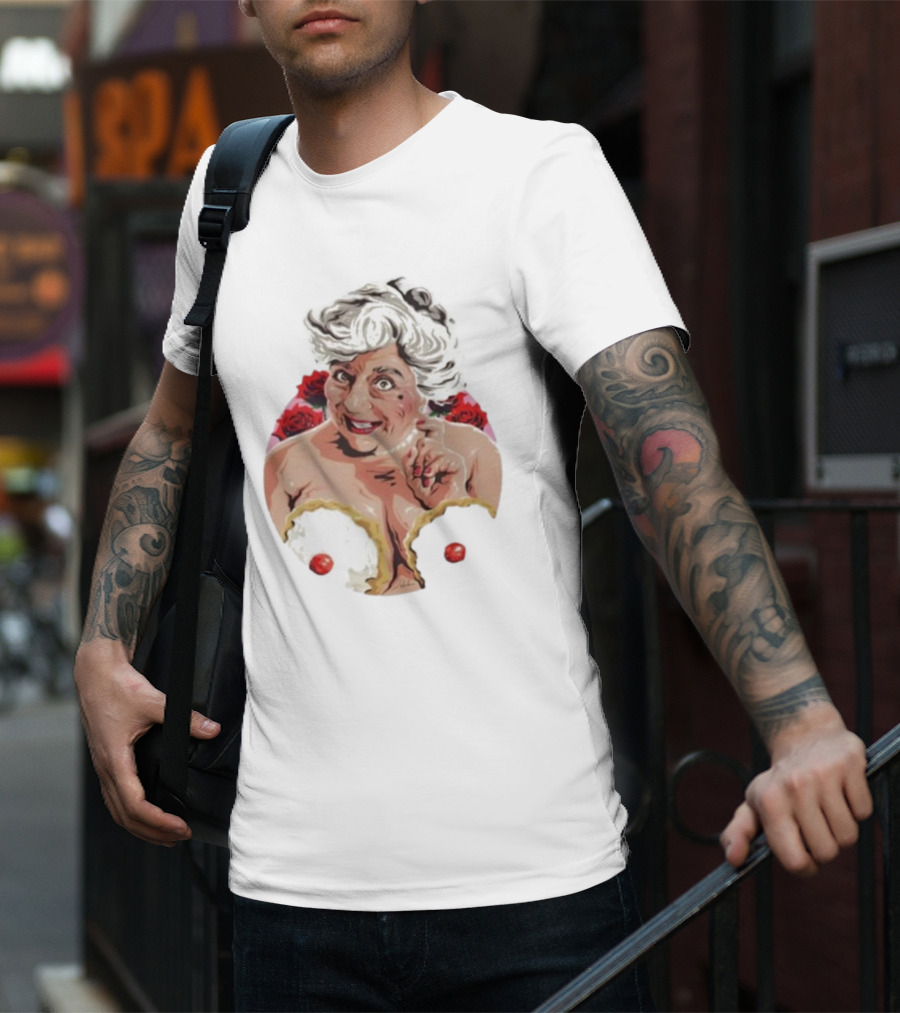 Nordacious Miriam Margolyes Humorous Portrait With Cakes And Roses T-Shirt