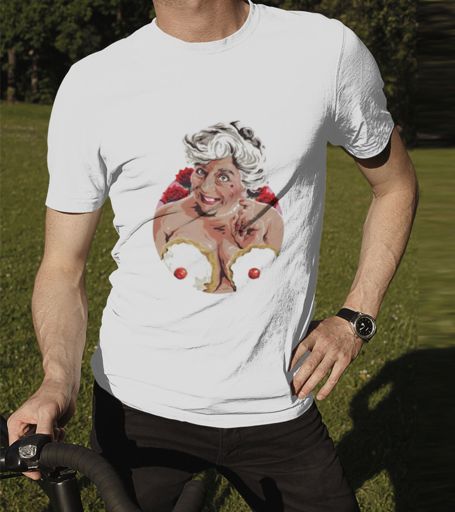 Nordacious Miriam Margolyes Humorous Portrait With Cakes And Roses T-Shirt
