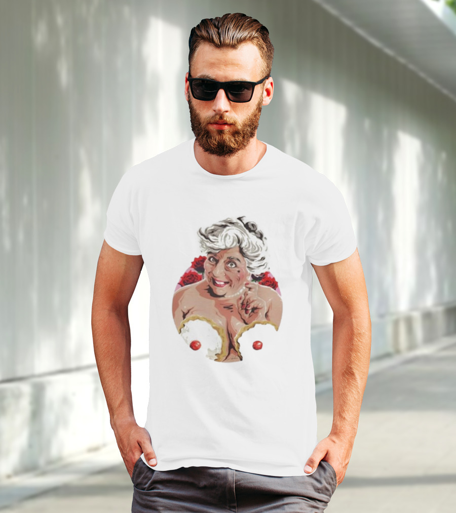 Nordacious Miriam Margolyes Humorous Portrait With Cakes And Roses T-Shirt