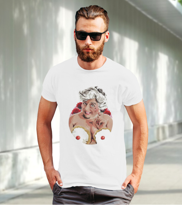 Nordacious Miriam Margolyes Humorous Portrait With Cakes And Roses T-Shirt