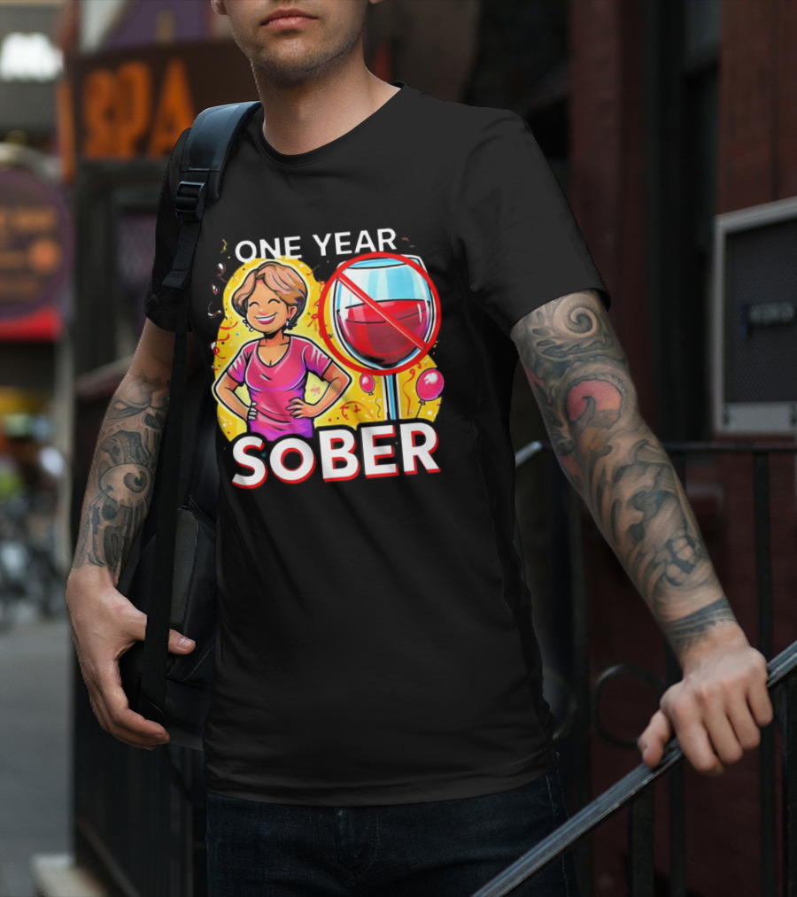 One Year Sober Celebration With Joyful Woman And No Wine T-Shirt