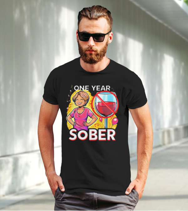 One Year Sober Celebration With Joyful Woman And No Wine T-Shirt