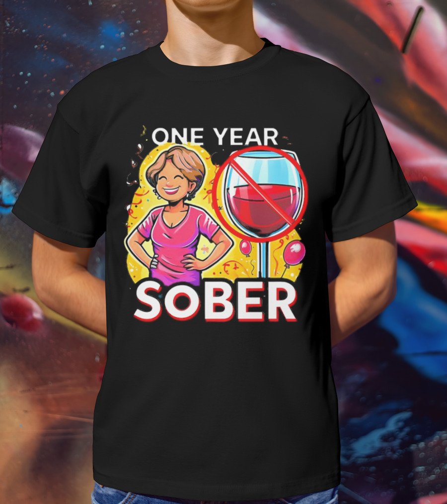 One Year Sober Celebration With Joyful Woman And No Wine T-Shirt