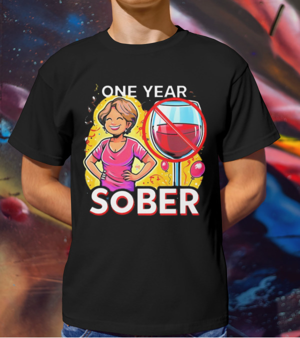One Year Sober Celebration With Joyful Woman And No Wine T-Shirt