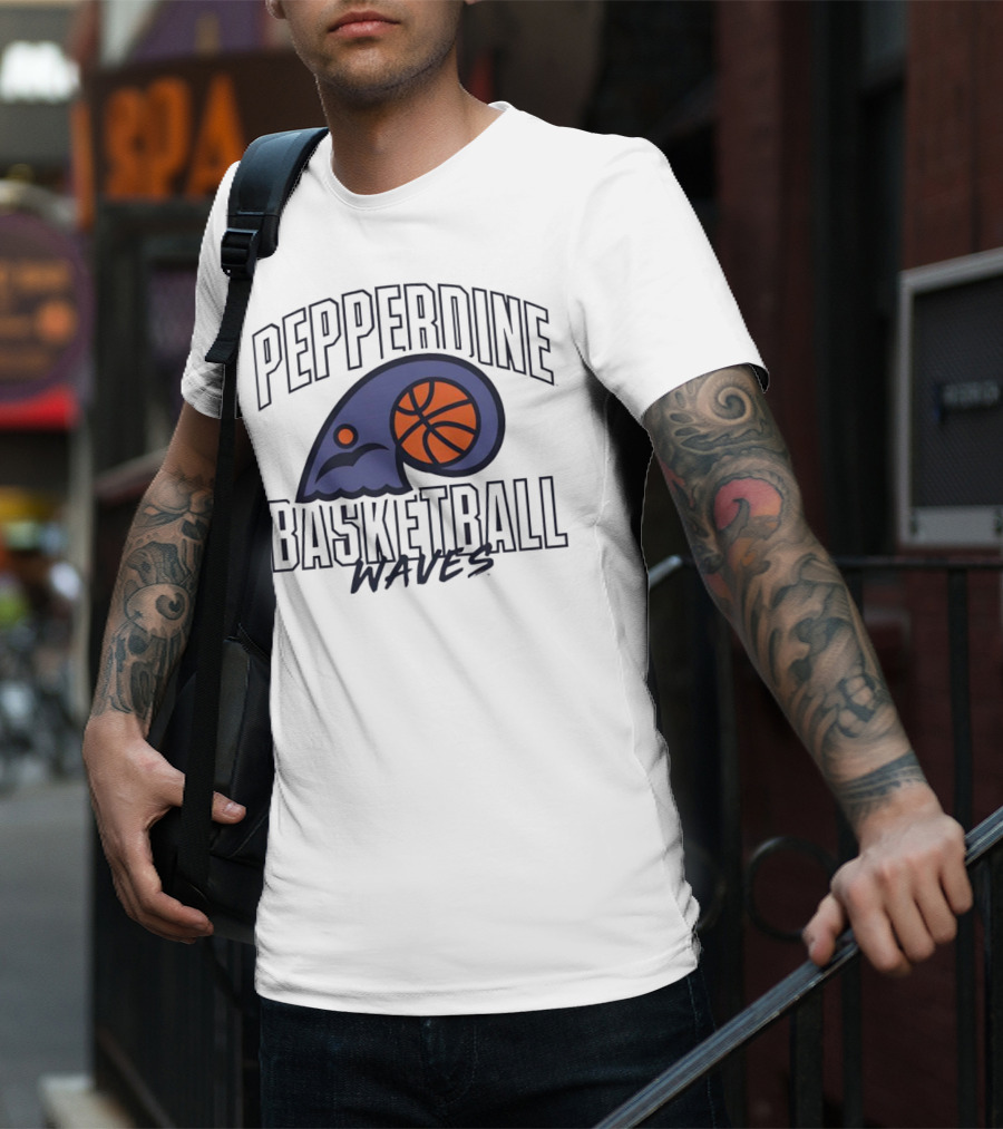 Pepperdine Waves Basketball Logo With Orange Basketball And Wave T-Shirt