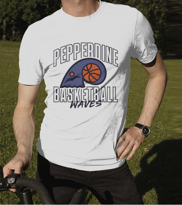 Pepperdine Waves Basketball Logo With Orange Basketball And Wave T-Shirt